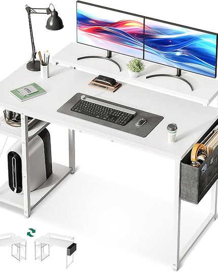 KKL 48 inch Small Computer Desk with Adjustable Monitor Stand, Home Office Desk & Workstation with Storage Shelves, Reversible Work Writing Study Table for Bedroom, White - LeafyLoom