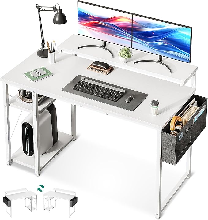 KKL 48 inch Small Computer Desk with Adjustable Monitor Stand, Home Office Desk & Workstation with Storage Shelves, Reversible Work Writing Study Table for Bedroom, White - LeafyLoom
