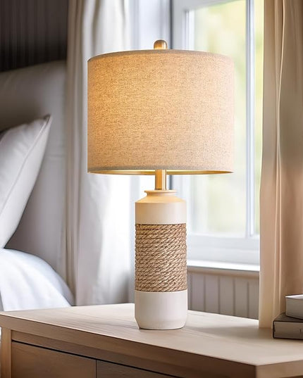 OYEARS 23.75" Bedside Table Lamps Set of 2 for Sleeping and Reading, Vintage Farmhouse Rattan Table Lamp Antique White Resin Lamp for Decoration, Office Living Room Bedside Table - LeafyLoom