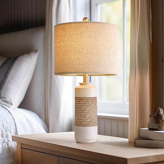 OYEARS 23.75" Bedside Table Lamps Set of 2 for Sleeping and Reading, Vintage Farmhouse Rattan Table Lamp Antique White Resin Lamp for Decoration, Office Living Room Bedside Table - LeafyLoom