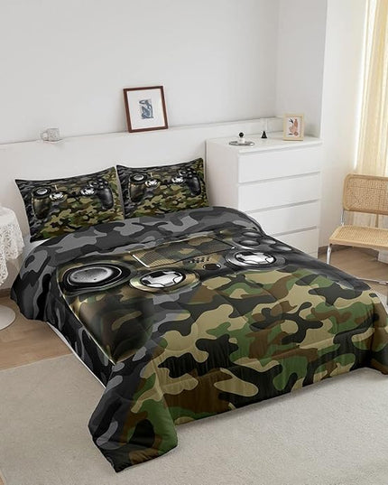 Kids Gamer Comforter Set Camouflage Gaming Bedding Set for Boys Teens Bedroom Green Black Camo Video Game Decor Comforter Gamer Console Quilt Set Full Size Duvet Quilted 3Pcs - LeafyLoom