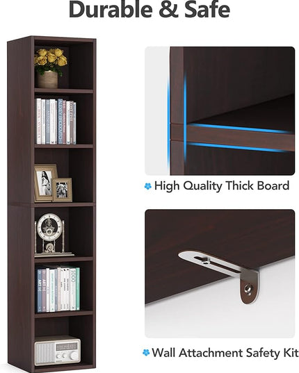 70.9 Inch Tall Narrow Bookcase, Corner Bookshelf 6 Tier Cube Display Shelf Storage Organizer for Small Space, Brown - LeafyLoom