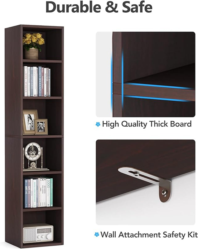 70.9 Inch Tall Narrow Bookcase, Corner Bookshelf 6 Tier Cube Display Shelf Storage Organizer for Small Space, Brown - LeafyLoom