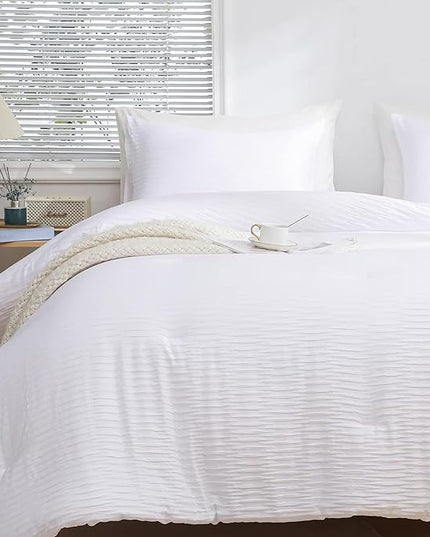 White Seersucker Comforter Set Full Size (79x90 in), 3 Pieces Soft Crinkled Textured Comforter with 2 Pillowcases, Lightweight Microfiber Down Alternative Bedding Set for All Season - LeafyLoom