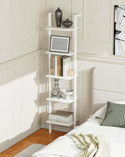 NUMENN Industrial Ladder Shelf, 5 Tier Book Shelf, Open Space Wall Mount Bookshelf with Metal Frame, Sturdy Book Shelves, Bookcase for Living Room, Home Office, White - LeafyLoom