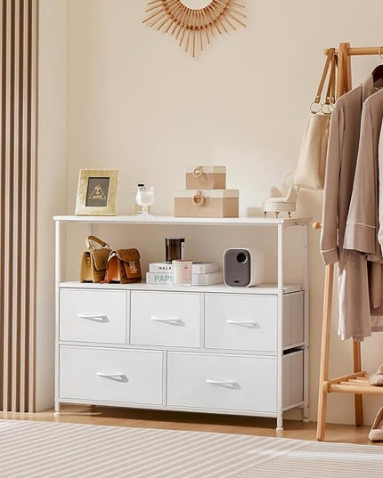 ANTONIA TV Stand Dresser for Bedroom with 5 Fabric Drawer, Entertainment Center for 45 inch Television, Media Console Table with Storage, Open Shelf, Adjustable Feet, Living Room Furniture, White - LeafyLoom