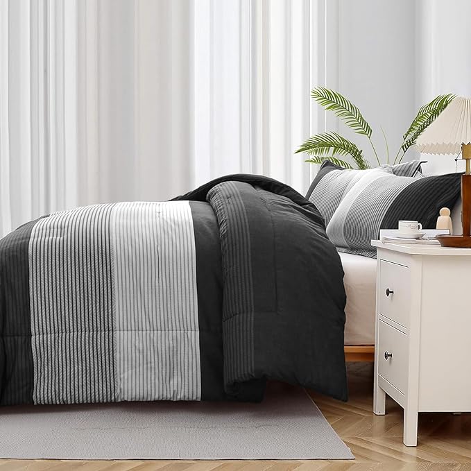 WONGS BEDDING Black Comforter Set Queen, Reversible Black Grey Stripe Down Alternative Comforter for All Season,3 Pieces(1 Patchwork Comforter+2 Pillowcases), Soft Microfiber Bedding Set 90"×90" - LeafyLoom