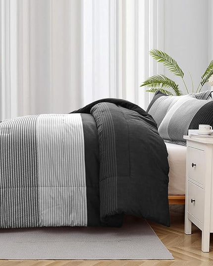 WONGS BEDDING Black Comforter Twin, Black Grey Striped Patchwork Down Alternative Comforter Set for Twin Bed, 2 Pieces(1 Comforter+1 Pillowcase), Soft Microfiber Bedding Duvet Insert 68"×86" - LeafyLoom