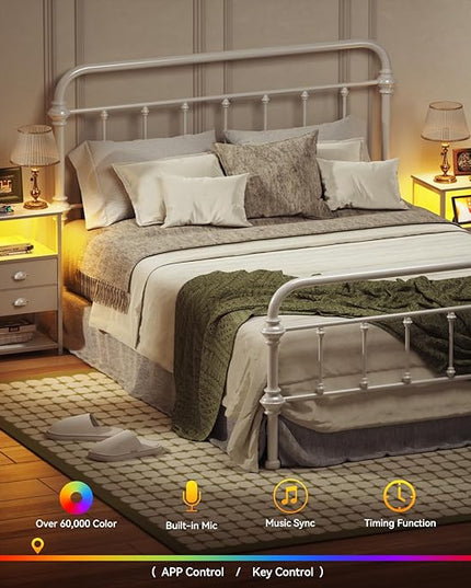 Furologee Nightstand with Charging Station, White Night Stand with LED Lights, 3-Tier Storage End Table with Fabric Drawers, Side Table with USB Ports & Outlets for Lving Room/Bedroom - LeafyLoom