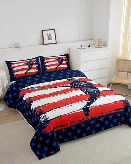 Lacrosse Comforter Set Full Size Boys Gilrs American Flag Sports Theme Bedding Set for Kids Adults Ultra Soft Lacrosse Player Games Comforter Navy Blue Duvet Set Room Decor Quilt Set - LeafyLoom