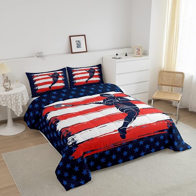 Lacrosse Comforter Set Full Size Boys Gilrs American Flag Sports Theme Bedding Set for Kids Adults Ultra Soft Lacrosse Player Games Comforter Navy Blue Duvet Set Room Decor Quilt Set - LeafyLoom