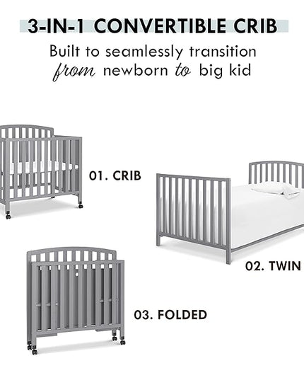 DaVinci Dylan Folding Portable 3-in-1 Convertible Mini Crib and Twin Bed in Grey, Greenguard Gold Certified - LeafyLoom