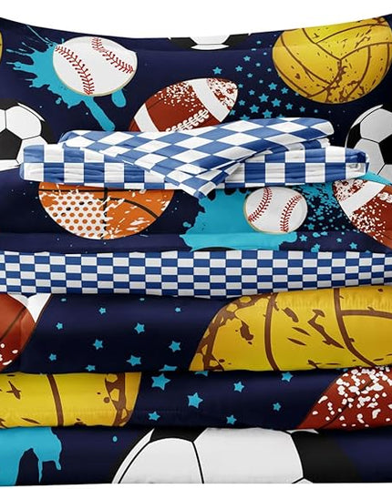 Kids Boys Comforter Set Twin Bed in a Bag w/Sheet Sets, Blue Twin Bedding Sets for Teens Soccer Basketball Baseball Football Sports Themed Bedroom Decor Reversible Design - LeafyLoom