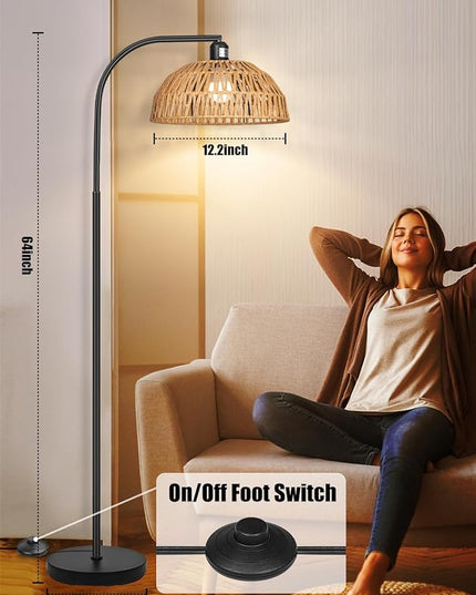 Rattan Floor Lamp- Boho Standing Lamp with Remote Control and Dimmable Bulb, Hand-Worked Adjustable Rattan Shades, Black Farmhouse Tall Lamp, Boho Arc Floor Lamps for Living Room, Bedroom, Office - LeafyLoom