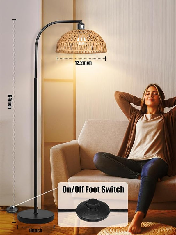Rattan Floor Lamp- Boho Standing Lamp with Remote Control and Dimmable Bulb, Hand-Worked Adjustable Rattan Shades, Black Farmhouse Tall Lamp, Boho Arc Floor Lamps for Living Room, Bedroom, Office - LeafyLoom