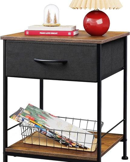 WLIVE Night Stand, Side Table with Fabric Storage Drawer, Small Nightstand, Bedside Table End Table for Bedroom, Dorm, Open Wood Shelf, Steel Frame, Black and Rustic Brown - LeafyLoom