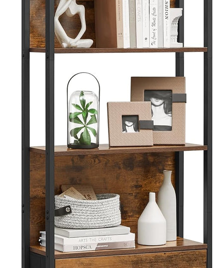 VASAGLE 5-Tier Bookshelf, Book Shelf with Drawer, Industrial Bookcase, with Steel Frame, for Living Room, Home Office, Bedroom, 9.4 x 23.6 x 65 Inches, Rustic Brown and Black ULLS147B01 - LeafyLoom