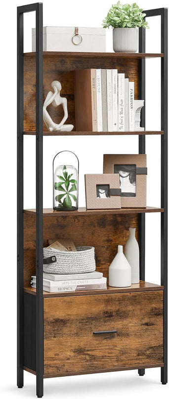 VASAGLE 5-Tier Bookshelf, Book Shelf with Drawer, Industrial Bookcase, with Steel Frame, for Living Room, Home Office, Bedroom, 9.4 x 23.6 x 65 Inches, Rustic Brown and Black ULLS147B01 - LeafyLoom