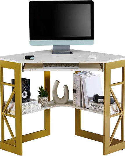 VECELO Corner Computer Desk Writing Smooth Keyboard Tray & Storage Shelves,Compact Home Office Triangle Table, Gold & White - LeafyLoom