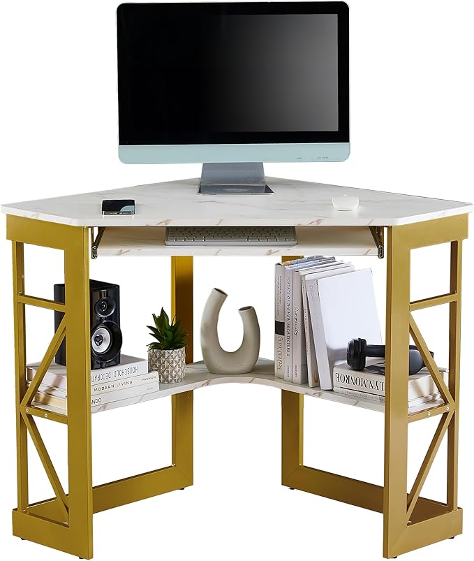 VECELO Corner Computer Desk Writing Smooth Keyboard Tray & Storage Shelves,Compact Home Office Triangle Table, Gold & White - LeafyLoom