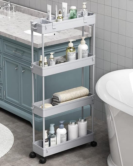 SPACELEAD Slim Storage Cart 4 Tier,Bathroom Storage Organizer Rolling Utility Cart, Mobile Shelving Unit Slide Out Storage Cart for Office, Bathroom, Kitchen, Laundry Room & Narrow Places， Grey - LeafyLoom