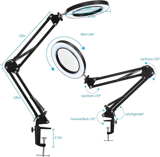 LED Magnifying Lamp with Clamp, 10X Real Glass Lens, 3 Color Modes and Stepless Dimmable Magnifier Desk Lamp,Adjustable Swivel Arm Lighted Magnifying Glass for Repair Craft Close Work-Black - LeafyLoom