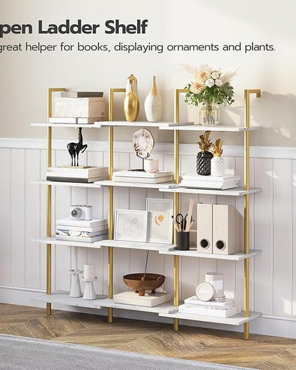 HOOBRO DIY Ladder Shelf, 6-Tier Wooden Wall Mounted Bookshelf, Narrow Gold Bookcase, Display Shelf, Storage Rack, Plant Stand, for Living Room, Bedroom, Study, Balcony, Marble and Gold DM651CJ01 - LeafyLoom