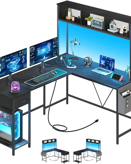Yoobure L Shaped Desk Gaming Desk with LED Strip & Power Outlet, Reversible L-Shaped Computer Desk with Storage Shelf & Drawer, Corner Desk with Storage Bag, 2 Person Home Office Desk, Black - LeafyLoom
