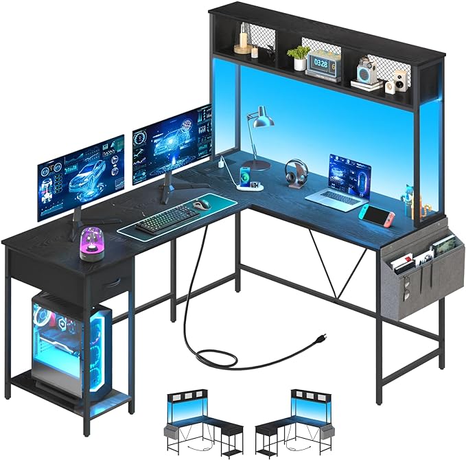 Yoobure L Shaped Desk Gaming Desk with LED Strip & Power Outlet, Reversible L-Shaped Computer Desk with Storage Shelf & Drawer, Corner Desk with Storage Bag, 2 Person Home Office Desk, Black - LeafyLoom