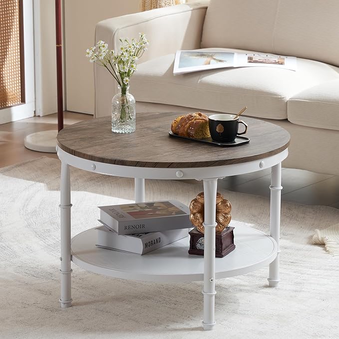 VINGLI 25.6" Dark Walnut White Round Farmhouse Coffee Table, 2-Tier Storage Wood Center Circle Accent Table for Living Room, Bedroom, Apartment, Studio and Small Spaces, Sturdy Metal Frame - LeafyLoom