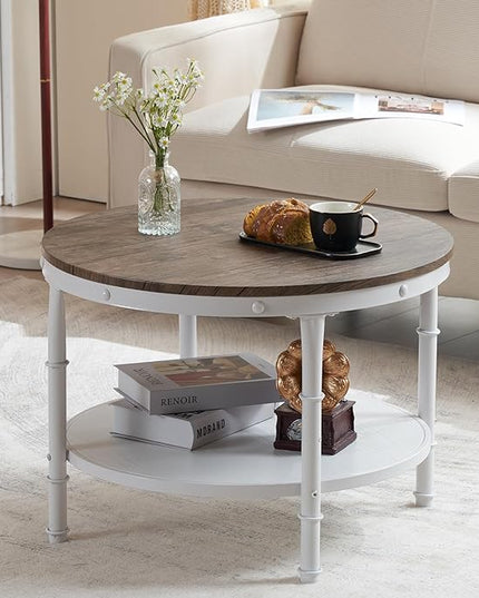 VINGLI 25.6" Dark Walnut White Round Farmhouse Coffee Table, 2-Tier Storage Wood Center Circle Accent Table for Living Room, Bedroom, Apartment, Studio and Small Spaces, Sturdy Metal Frame - LeafyLoom
