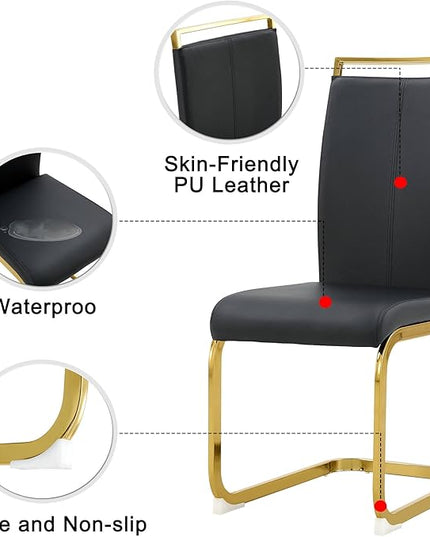 Modern Dining Chairs Set of 2, Side Dining Room Chairs with Golden Legs, Kitchen Chairs with Faux Leather Padded Seat High Back, Chairs for Dining Room,Kitchen, Living Room Black - LeafyLoom