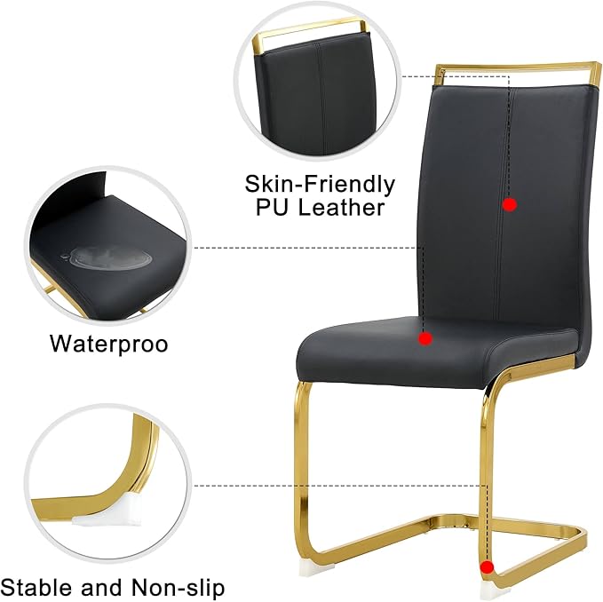 Modern Dining Chairs Set of 2, Side Dining Room Chairs with Golden Legs, Kitchen Chairs with Faux Leather Padded Seat High Back, Chairs for Dining Room,Kitchen, Living Room Black - LeafyLoom