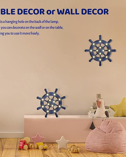 Blue Ship Wheel Wall Decor, Beach Themed Kids Room Decor, Battery Powered Rudder Night Light for Kids, Coastal Wall Decor, Ocean Decor, Coastal Decor - LeafyLoom