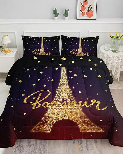Datura home Kids Comforter Set Eiffel Tower Printed Pattern Bedding Set with 1 Comforter and 2 Pillowcases for Girls Boys Bedroom All Season(Tower Queen) - LeafyLoom