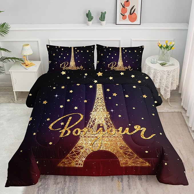 Datura home Kids Comforter Set Eiffel Tower Printed Pattern Bedding Set with 1 Comforter and 2 Pillowcases for Girls Boys Bedroom All Season(Tower Queen) - LeafyLoom
