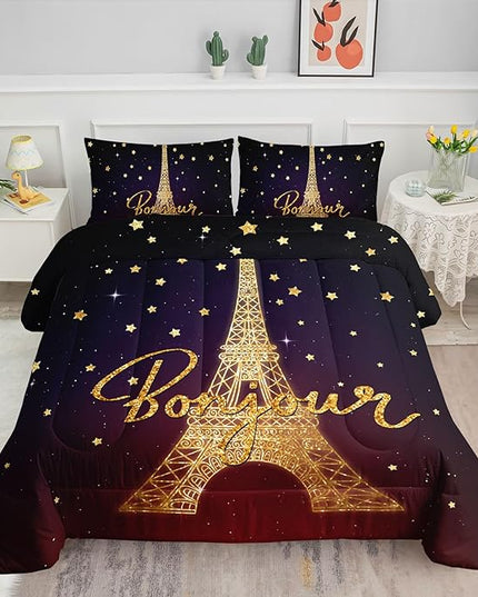 Datura home Kids Comforter Set Eiffel Tower Printed Pattern Bedding Set with 1 Comforter and 2 Pillowcases for Girls Boys Bedroom All Season(Tower Full) - LeafyLoom