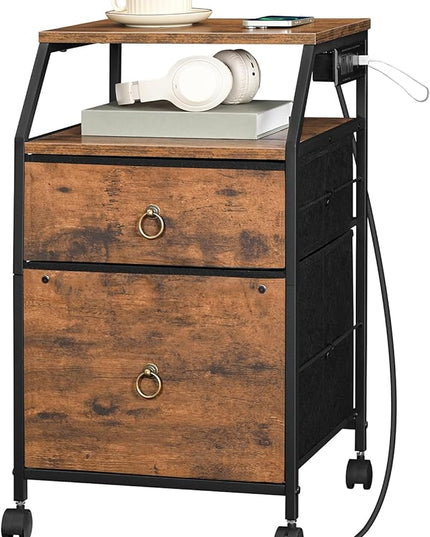 HOOBRO 2-Drawer Mobile File Cabinet, Filing Cabinet with Charging Station, Printer Stand with Open Storage Shelf, for A4/Letter Size, Home Office, Nonwovens Drawer, Rustic Brown and Black BF10UWJ01 - LeafyLoom