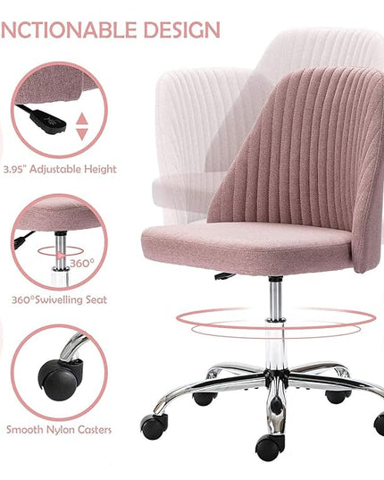 HOMEFLA Home Office Modern Linen Swivel Task Upholstered Fabric Desk Chair Armless with Wheels, Middle, Pink - LeafyLoom