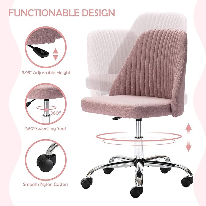 HOMEFLA Home Office Modern Linen Swivel Task Upholstered Fabric Desk Chair Armless with Wheels, Middle, Pink - LeafyLoom