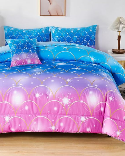 URBONUR 6Pcs Mermaid Comforter Set for Girls Full Size Bed in a Bag Pink Purple Blue Sparkle Glitter Bedding Set Soft All Season Comforter with Sheet Set - LeafyLoom
