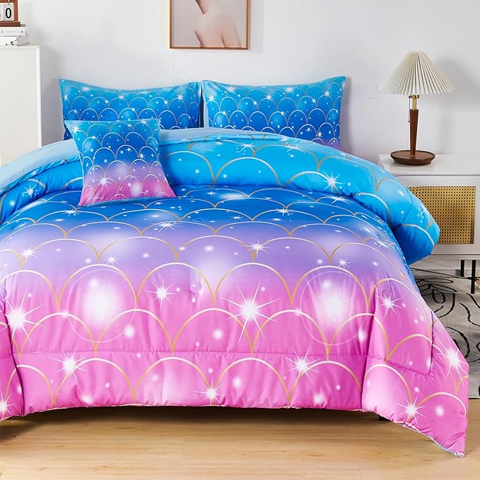 URBONUR 6Pcs Mermaid Comforter Set for Girls Full Size Bed in a Bag Pink Purple Blue Sparkle Glitter Bedding Set Soft All Season Comforter with Sheet Set - LeafyLoom