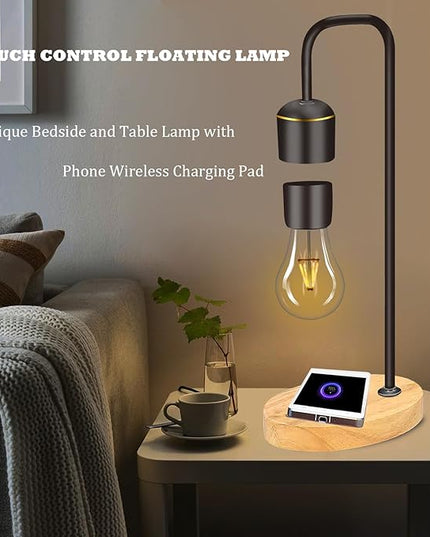 Magnetic Levitating Light Bulb Levitation Real Wood Black Floating Desk Lamp LED Night Lights with Luxury Wireless Charging Pad (Apple/Android) for Christmas Gift - LeafyLoom