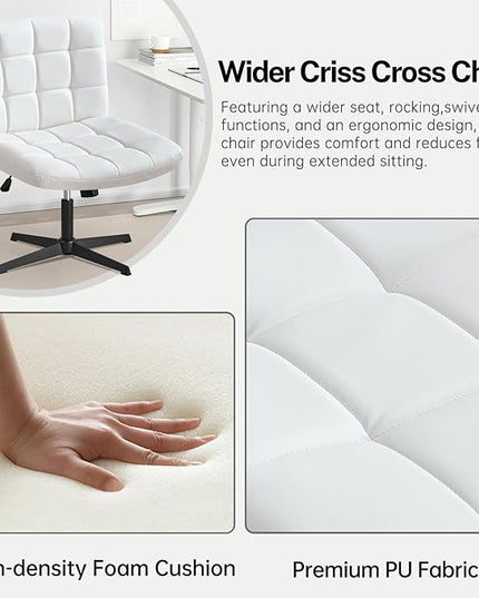 Furniliving Office Desk Chair No Wheels, Criss Cross Legged Office Desk Chair Height Armless Adjustable Wide Home Chair with Mid Back PU-Padded Swivel Accent Vanity Chairs,White - LeafyLoom