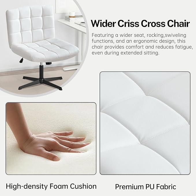 Furniliving Office Desk Chair No Wheels, Criss Cross Legged Office Desk Chair Height Armless Adjustable Wide Home Chair with Mid Back PU-Padded Swivel Accent Vanity Chairs,White - LeafyLoom