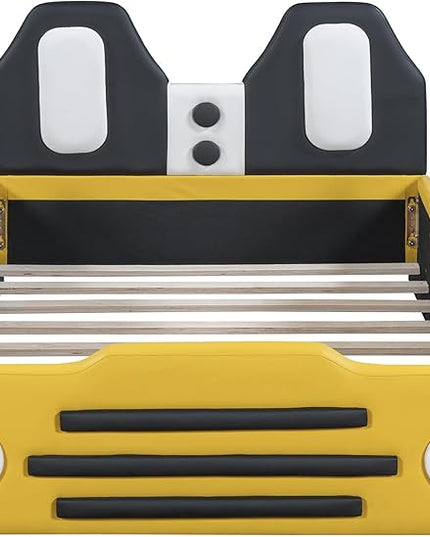 Twin Size Race Car Bed Platform Bed with Wheels and Side Rails,Bed Frame W/Headboard & Slats Support,for Kids Boys Girls Teens,Yellow - LeafyLoom