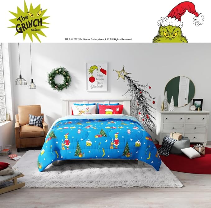 Franco Grinch by Dr. Seuss Holiday & Christmas Bedding Super Soft Comforter and Sheet Set with Sham, 7 Piece King Size (Official Dr. Seuss Product) - LeafyLoom