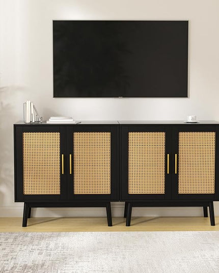 Set of 2 Accent Storage Cabinet with Rattan Decor Doors, Buffet Cabinet with Storage, Sideboard Cabinet for Hallway, Entry, Living Room, Black - LeafyLoom