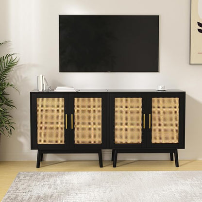 Set of 2 Accent Storage Cabinet with Rattan Decor Doors, Buffet Cabinet with Storage, Sideboard Cabinet for Hallway, Entry, Living Room, Black - LeafyLoom