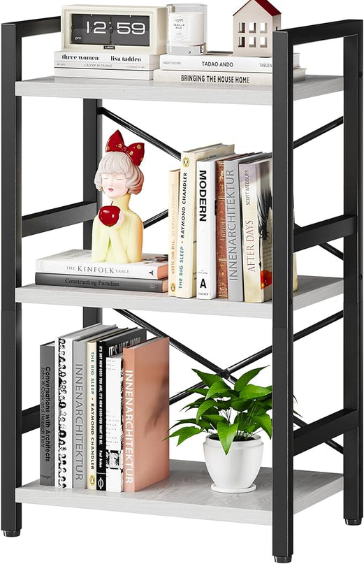 Bookshelf, 3 Tier Industrial Bookcase, Metal Small Bookcase, Rustic Etagere Book Shelf Storage Organizer for Living Room, Bedroom, and Home Office(White) Patent Pending D29873033 - LeafyLoom